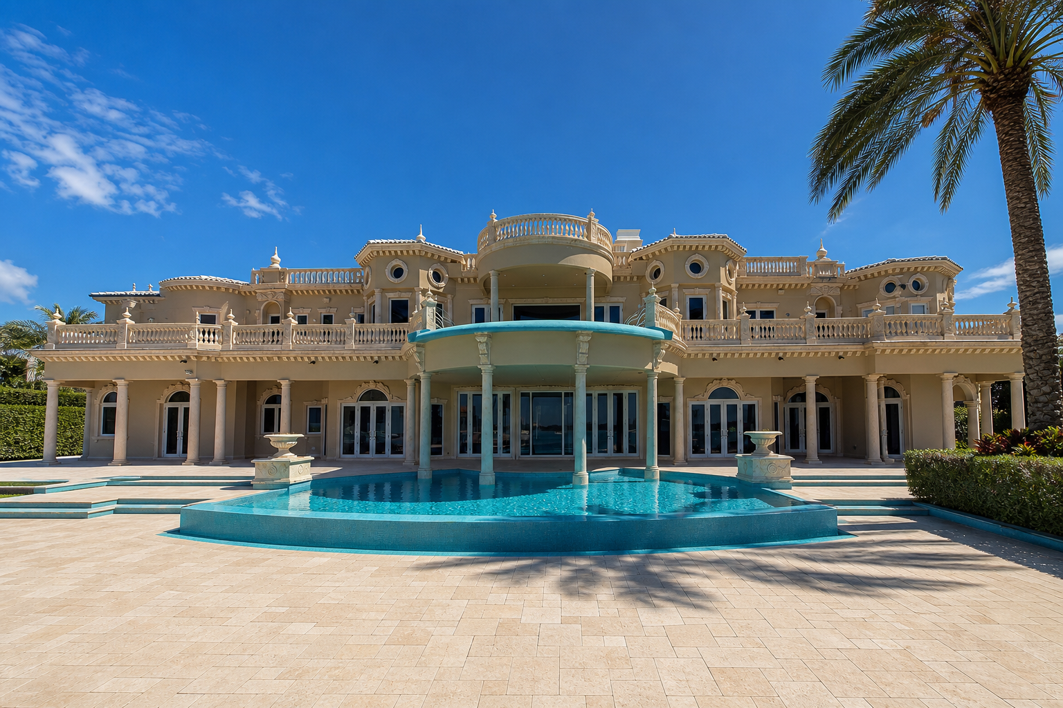 Wide view of the restored Bal Harbour waterfront mansion, pool, and terrace