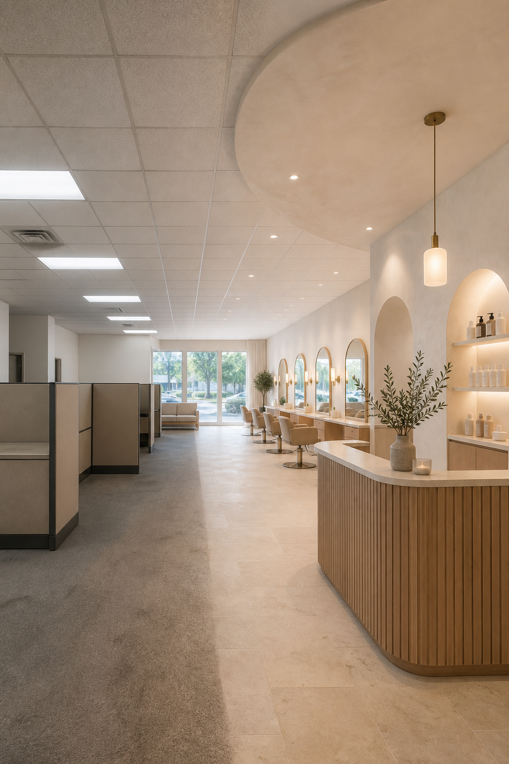 Dated cubicle office transformed into an elegant Mediterranean-style beauty studio