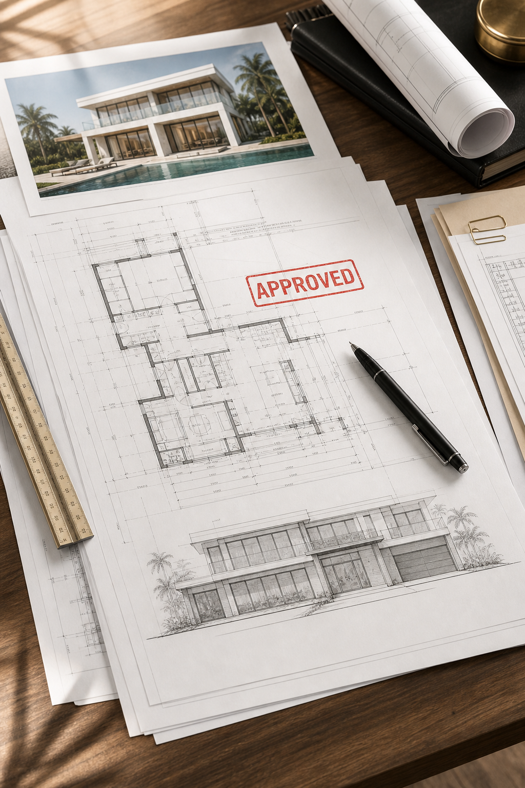 Approved architectural plans for a modern South Florida residence