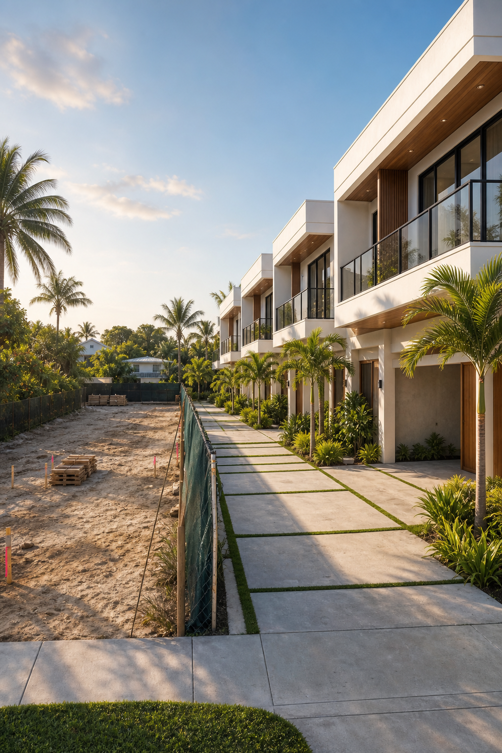 Empty fenced lot beside completed modern South Florida townhouses