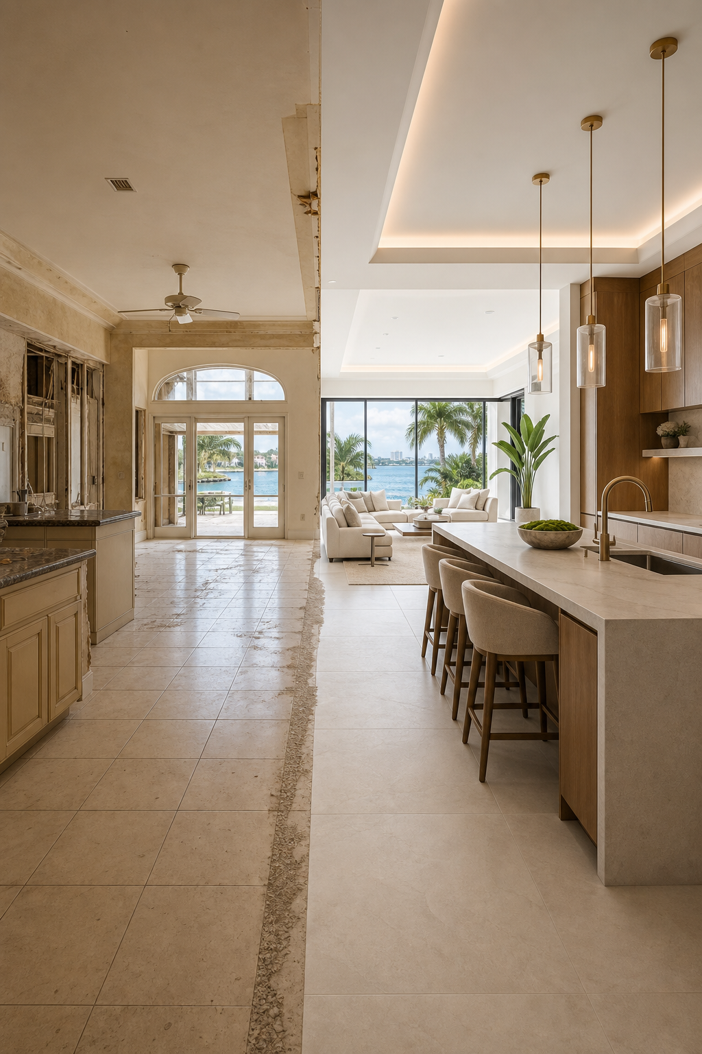 South Florida home interior transforming from dated finishes into a luxury renovation