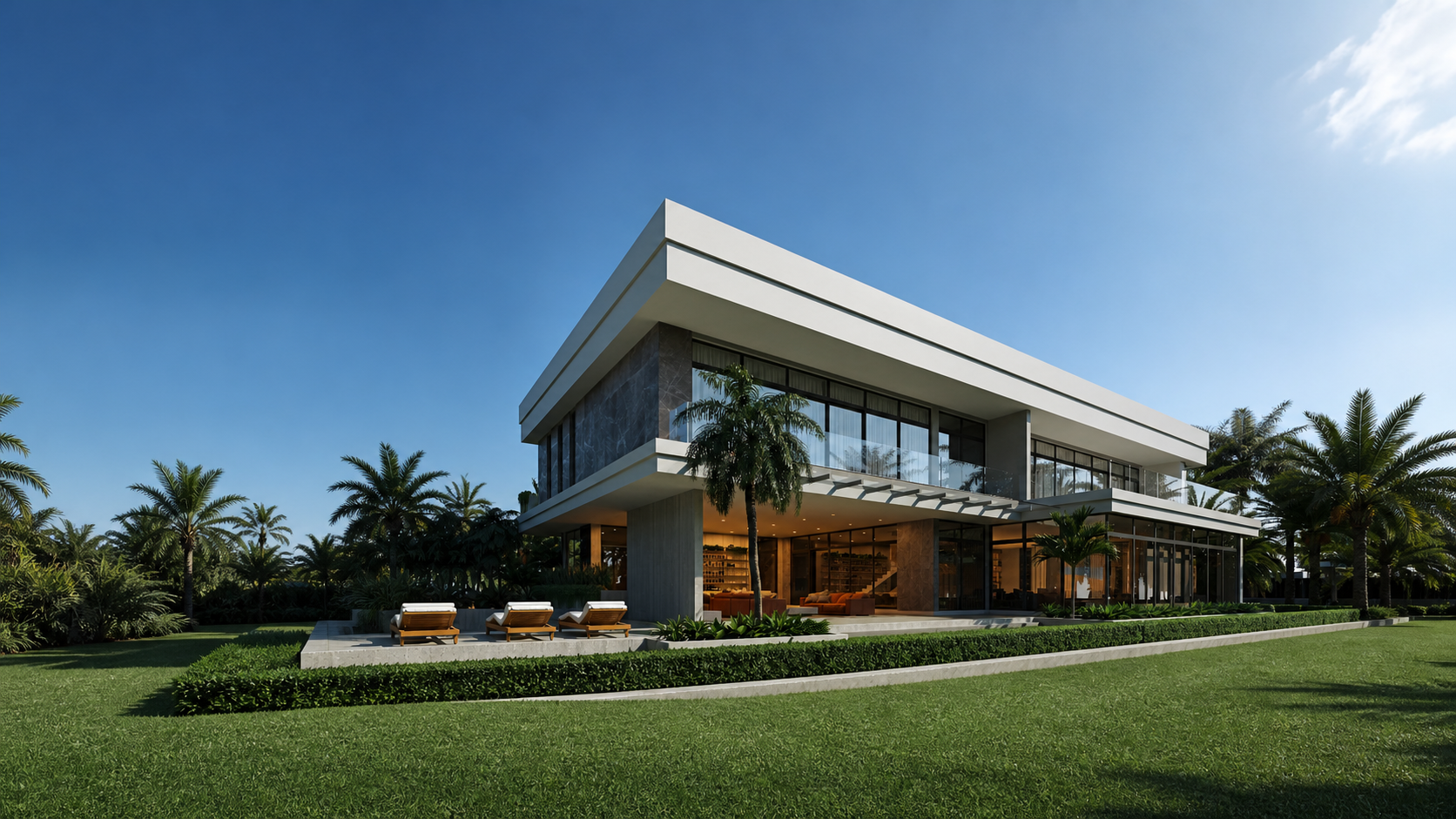 Wide view of a modern South Florida residence and landscaped grounds
